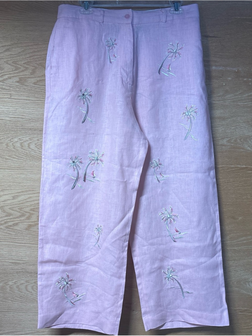 Saint Tropez West Pink Linen Wide-Leg Cropped Pants with Embroidered Palm Trees